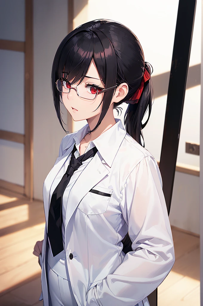 (masterpiece; best quality: 1.2), (finely detailed eyes: 1.3), ((25 year old woman)), ((solo)), (red eyes: 1.4), (body; gorgeous, luscious, femenine: 1.3), (silky black hair + low ponytail: 1.3), (beautiful and clear background: 1.2), ((depth of field)), (equipment: white open labcoat + black shirt + white necktie + white pants + black square glasses: 1.3), (anime illustration: 1.2), (background composition; japanese highschool classroom + furniture: 1.1), (extremely fine and beautiful: 1.1), (shot composition; standing + centered on torso + close-up: 1.5), (expression; calm, stoic: 1.2)