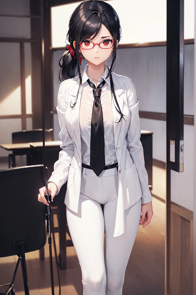 (masterpiece; best quality: 1.2), (finely detailed eyes: 1.3), ((25 year old woman)), ((solo)), (red eyes: 1.4), (body; gorgeous, luscious, femenine: 1.3), (silky black hair + low ponytail: 1.3), (beautiful and clear background: 1.2), ((depth of field)), (equipment: white open labcoat + black shirt + white necktie + white pants + black square glasses: 1.3), (anime illustration: 1.2), (background composition; japanese highschool classroom + furniture: 1.1), (extremely fine and beautiful: 1.1), (shot composition; standing + centered on torso + close-up: 1.5), (expression; calm, stoic: 1.2)