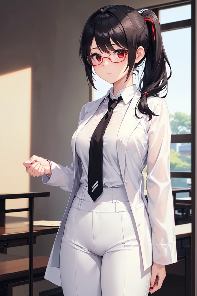 (masterpiece; best quality: 1.2), (finely detailed eyes: 1.3), ((25 year old woman)), ((solo)), (red eyes: 1.4), (body; gorgeous, luscious, femenine: 1.3), (silky black hair + low ponytail: 1.3), (beautiful and clear background: 1.2), ((depth of field)), (equipment: white open labcoat + black shirt + white necktie + white pants + black square glasses: 1.3), (anime illustration: 1.2), (background composition; japanese highschool classroom + furniture: 1.1), (extremely fine and beautiful: 1.1), (shot composition; standing + centered on torso + close-up: 1.5), (expression; calm, stoic: 1.2)