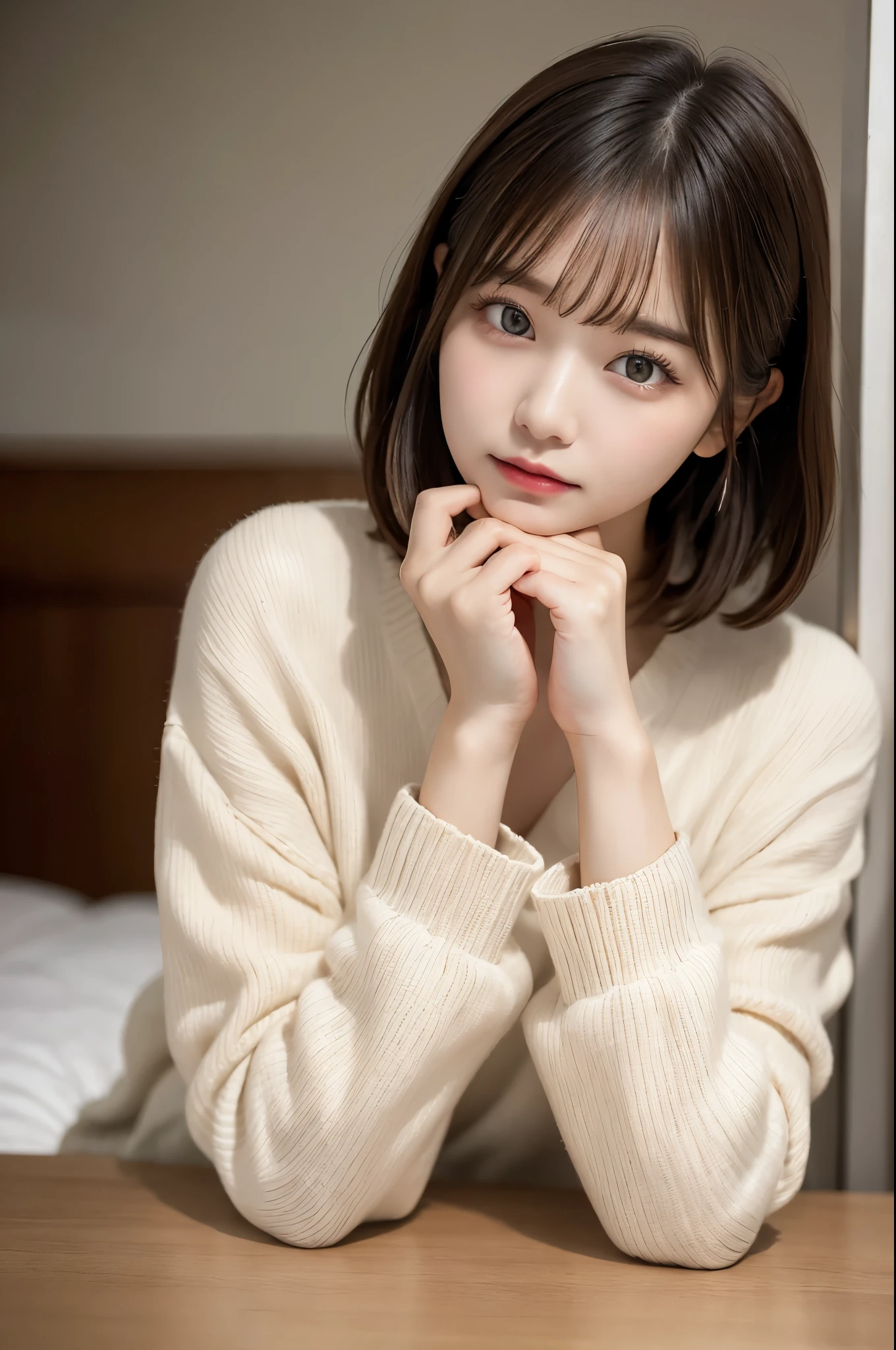 Tabletop, Highest quality, figure, Super detailed, In detail, High resolution, 8k wallpaper, Perfect dynamic composition, Beautiful attention to detail, Wear fluffy home wear,,Natural color lip, cuteポーズ,20-year-old girl、cute、Looking at the camera,Background Blur,KPOP idol faces,futon(but)