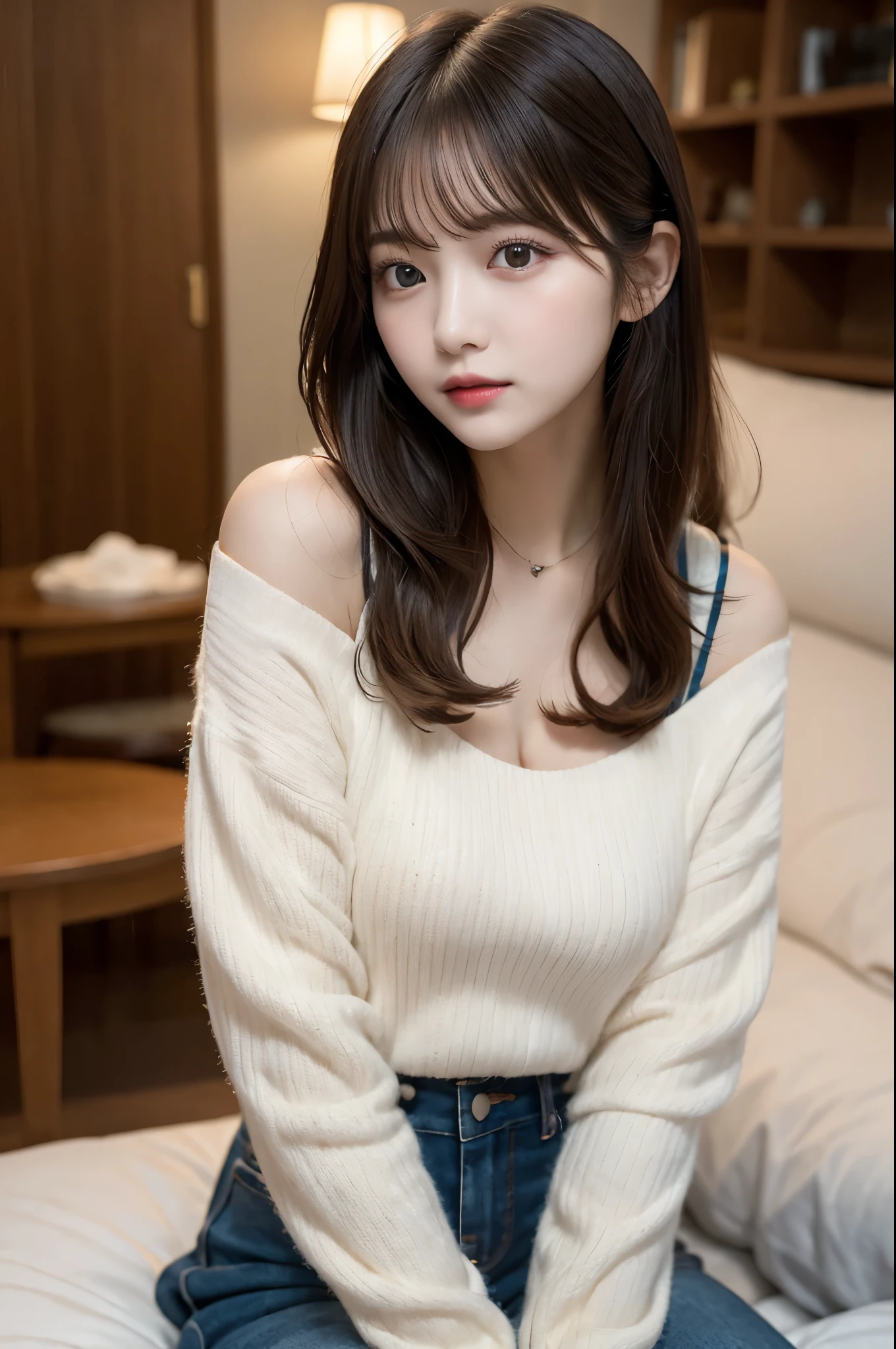 Tabletop, Highest quality, figure, Super detailed, In detail, High resolution, 8k wallpaper, Perfect dynamic composition, Beautiful attention to detail, Wear fluffy home wear,,Natural color lip, cuteポーズ,20-year-old girl、cute、Looking at the camera,Background Blur,KPOP idol faces,futon(but)