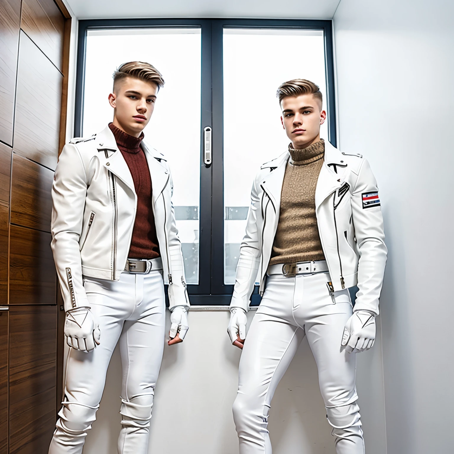 full view full body, two white european male agers, handsome, cute, with undercut haircuts, muscled, caring, comforting each other, white leather jacket, white leather gloves, white leather tights, white leather boots, in teen room
