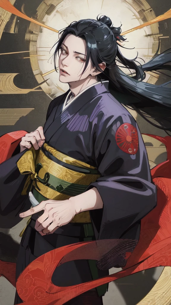 CHARACTER OF A PERSON WITH BLACK HAIR, LONG AGA, BROWN EYES, HANDSOME FACE, WEARING A KIMONO. NAMED "SUGURU GETO" IN THE ANIME STORY SERIES"(JUJUTSU KAISEN), IT STANDS IN THE MIDDLE OF A BEAUTIFUL CITY, WITH REALISTIC -8K HDR EFFECTS.