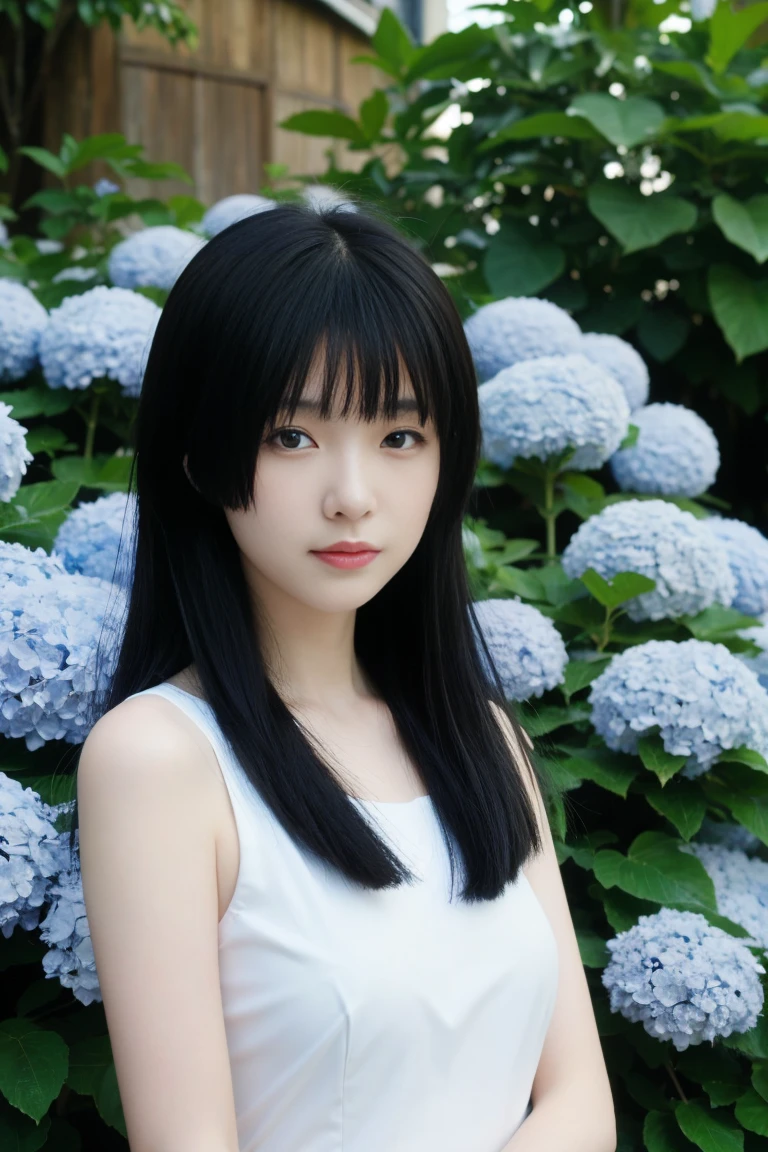 best quality, tmasterpiece,Ultra-high resolution,Clear face,（Reality：1.4），ferpect lighting，(upper body photo), (photorealistic:1.50), anime wallpaper, Guviz style artwork, cover-up fantasy up to magic , by Yang J, Guviz, beautiful artwork illustration, beautiful digital artwork, beautiful digital illustration, Li Song, beautiful anime portrait, art style in Beauvot, 1girl, 独奏, red eyes, hair flower, , serafuku, hydrangea, Garden, looking at viwer,