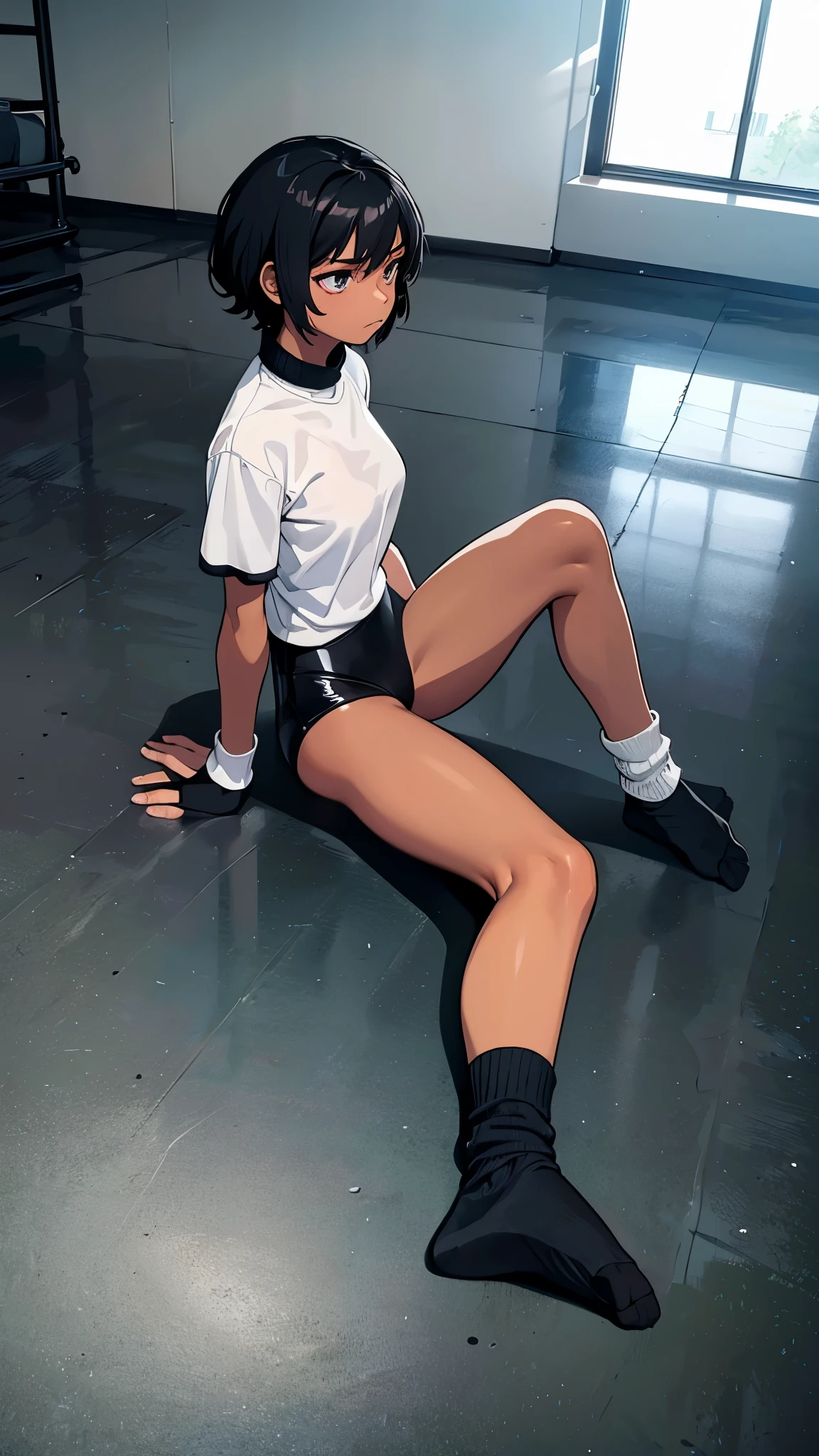 (From above2.0,from side),Inside the sports gym,inside the dance studio,One 16 years old girl,dark skin color,short black hair,displeased,sulky,high-neck-leotard,((loose socks)),((loose socks)),bodysuit,sitting on the ground,spread legs,feet together.