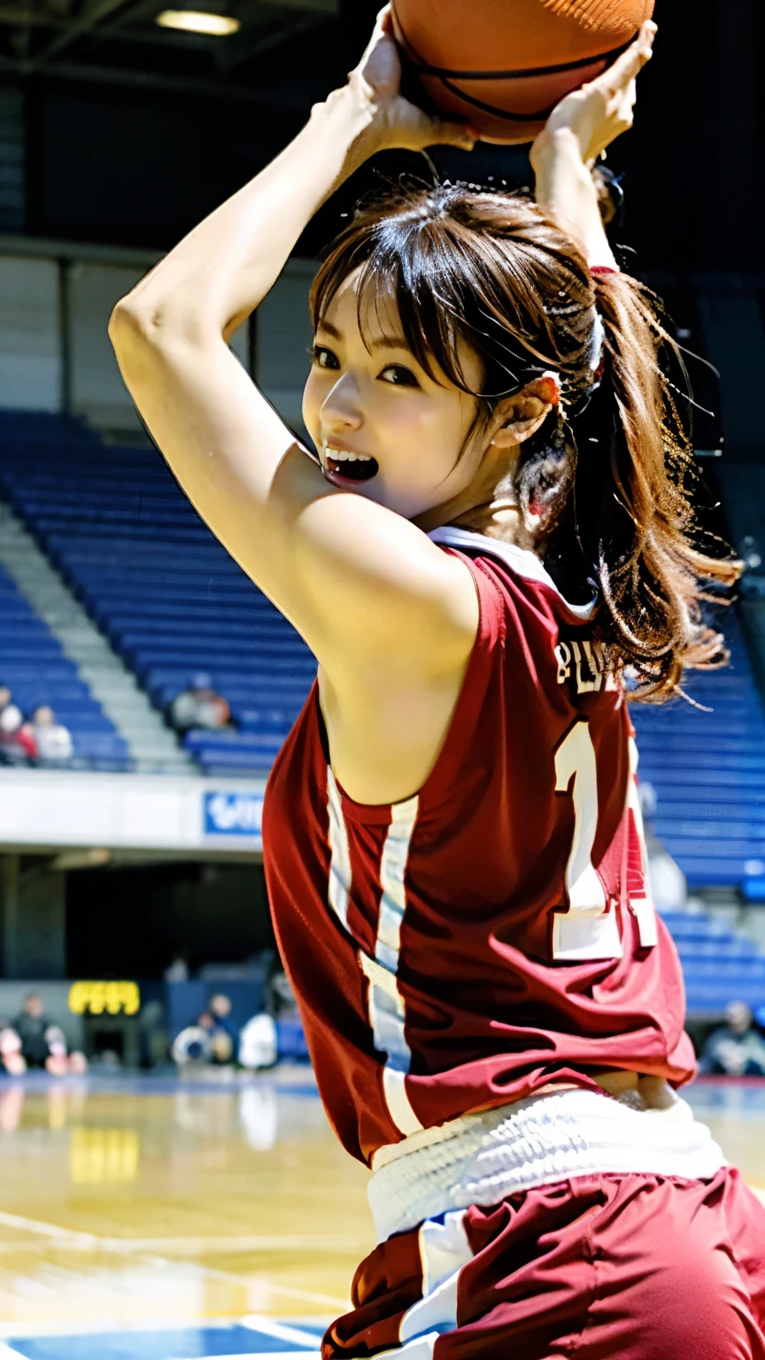 (((With perfect anatomy, we carefully draw perfect limbs with no excess or deficiency, taking into account the direction in which the joints bend.))),The grandstands were filled with spectators,(((A beautiful basketball player with outstanding style is running seriously with wrinkled eyebrows on the field of a Large gymnasium with spectators))),(((The uniform is a sleeveless basketball uniform with a collar and running pants with a large number on the back.々Shii,Put on basketball shoes))),(((Capture the powerful moment of sprinting with a basketball in a full-body snapshot))),Speed,body幹の強い低い姿勢,Speed,Capture the essence of the movement and the moment of the play,((A beautiful basketball player wearing a red uniform with white horizontal stripes and a thick headband looks ahead)), Fight off the enemies who try to stop her,((眉間にしわを寄せながらバスケットボールボールを持ってバスケットゴールに向かって走る動きの本質を捉えた側面からの4K動body撮影)),Rushing forward like a rabbit,All in one,(Skin Dentition:1.5),Realistic and realistic,(masterpiece:1.5),Sports concept art,Intricate details,Highly detailed and realistic,Octane Rendering,4K,Sports Real Engine,Dynamic pose, Highest quality,High resolution,(Realistic Face:1.1),(Surreal:1.1), ((full_body)),((Expressing the dynamism that emanates from the whole body)),(((He has a slim, muscular body with well-trained legs and a slim waist, making him look like a coke bottle.))),(4K full-body shot from the side),(Shiny skin:1.2),(((Hairstyle))),(((Perfect hands))),(Highly detailed background),((Well-maintained Tokyo Metropolitan Government々Background of stadium full of spectators on center court of wooden arena)),A crucible of cheers and excitement,((Beauty condensed in 1girl)),((光を蓄えた美Shii瞳)),(Shiho wearing a necklace),(((滴る大量の汗が眩Shii))),(Ponytail flutters in the wind),casting ,((Dramatic beauty)),披写界深度の深い美Shiiボケ,4K,Gothic,4K Digital SLR Camera,Film grain effect,Fujifilm XT3 style,(Saiharu Body),(Delicate eyes and face),Professional Perspective,素晴らShiiディテール,1girl condenses exceptional beauty,繊細でHigh noseを持つ美Shii顔,High nose, Clear chestnut eyes that glorify the light, Glossy red lips, light makeup,))),