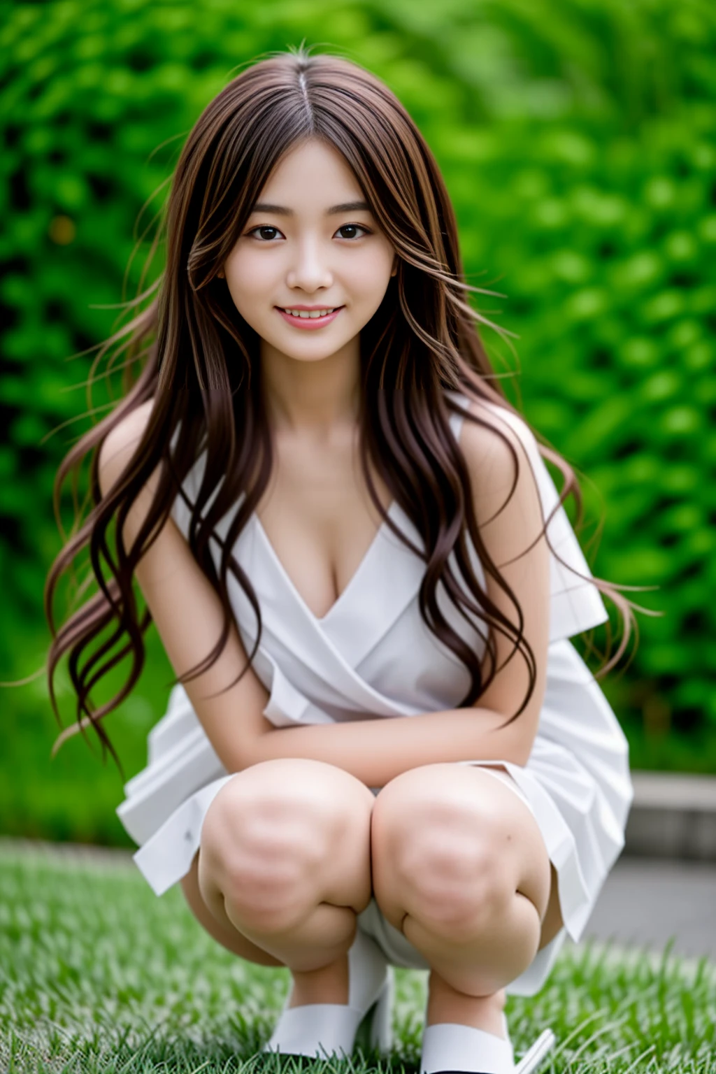 Twenty year old girl、Flowing, outward-curling long hair、A neat and beautiful face、smile、looking at the camera、front、Vulpix、camisole、I can see your chest、mini skirt、mini skirtの中、White panties are visible、White and beautiful thighs、Squatting in heels