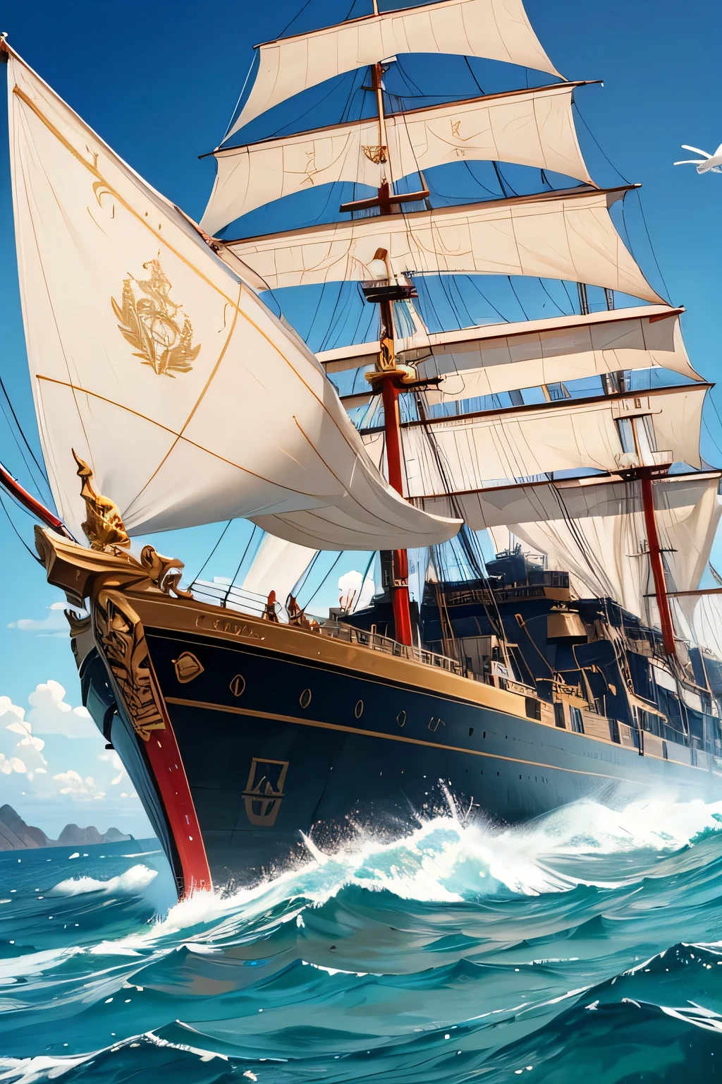 "Depict the 'Imperial Justice', a large, imposing galley ship with grand, ornate detailing. The ship is primarily made of dark, richly varnished wood and features gold embellishments on the railings and figurehead. The figurehead is a majestic lion, symbolizing strength and justice. The ship has three rows of long oars on each side, manned by strong rowers. There are also several sails, bearing the emblem of the Elysian Empire: a golden eagle on a deep blue background. The ship's deck is bustling with armored knights and imperial guards, with a large central mast and various lookout posts. The overall scene should convey power, authority, and elegance."