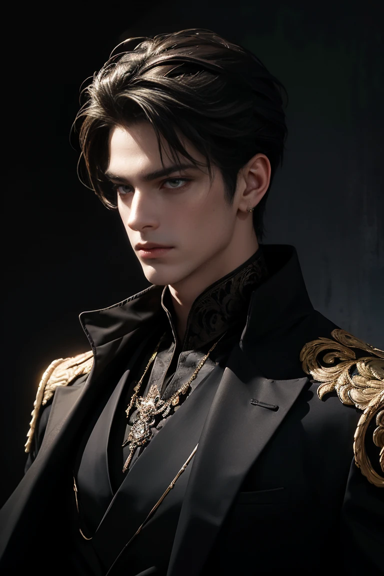 detailed portrait of a sexy male prince with dark features, elegant black swan-inspired outfit, intricate gold jewelry and embellishments, dramatic lighting, cinematic composition, digital painting, highly detailed, photorealistic, dramatic color palette, chiaroscuro lighting, moody atmosphere