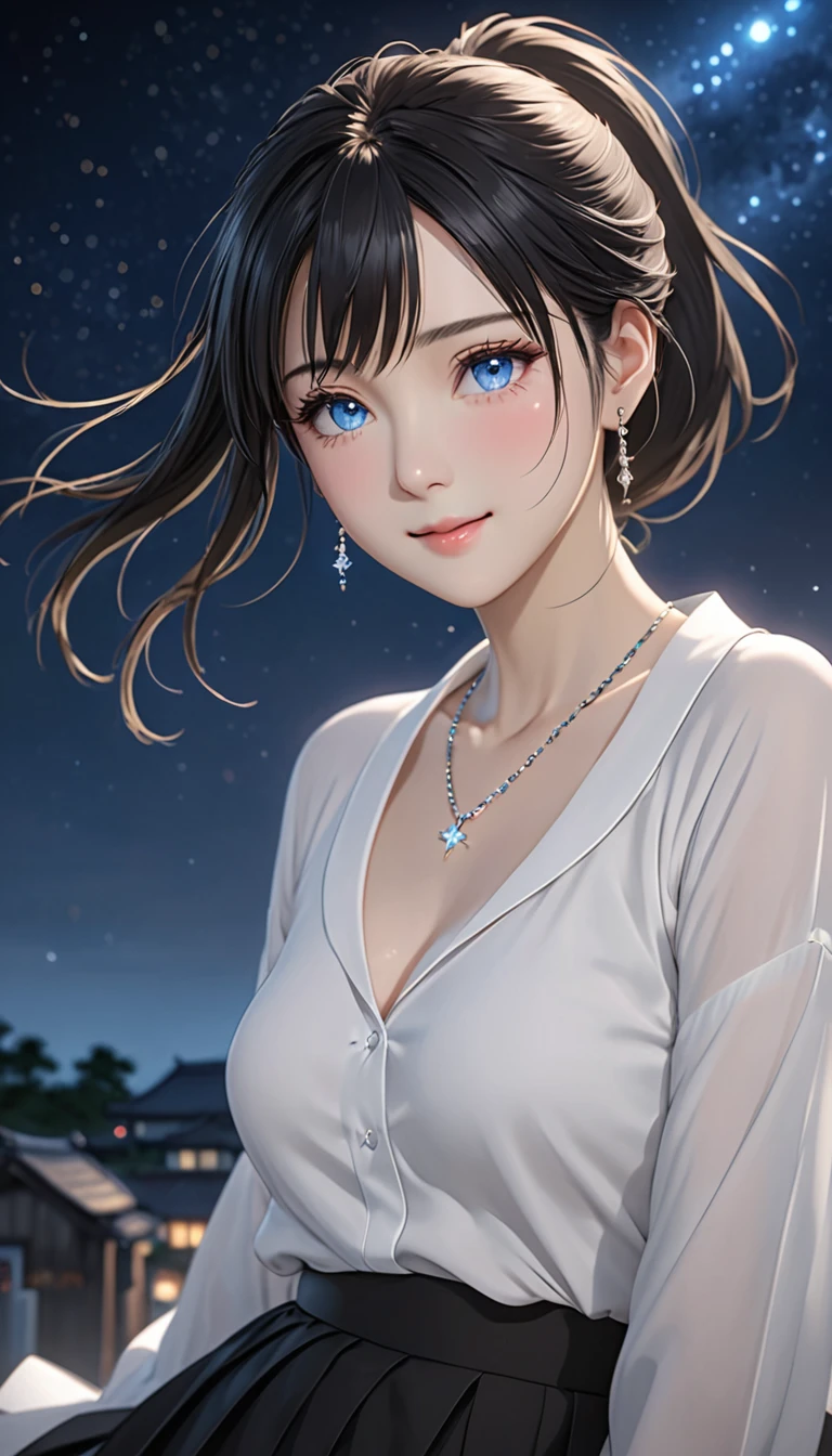 National Science Foundation,(((masterpiece))),masterpiece,High resolution,最high quality,最high quality,8K,art,超High resolution, Attention to detail, High resolution, 8K, 16K, high quality, 最high quality, Very detailed, Textured skin, masterpiece, Accurate, Anatomically correct, Awards,Kyoto Animation Style,Your Name movie style,Looking into the camera,To the camera,(((Bust Shot))),night,真night中,Soft and pale light,meteor,(1 female: 1.3),(alone: 1.4),(((Black Hair))),(((ponytail))),(((Medium Hair))),美しいBlack Hair,光沢のあるBlack Hair,Hair blowing in the wind,(((OL style fashion))),((A cute woman in an OL suit))),(White blouse),(((Black pencil skirt))),(necklace),(シルバーのnecklace),Silver Earrings,Long eyelashes,Thin legs,Feminine poses,Sexy pose,Upper body close-up,close,nightの星空,Eyes as deep as the starry sky,(((Pale blue eyes))),Watery eye,Little tears,Blushed,shy,Please smile with your lips slightly open,Quietly smiling face,mystery,mystery的,Woman as beautiful an angel,