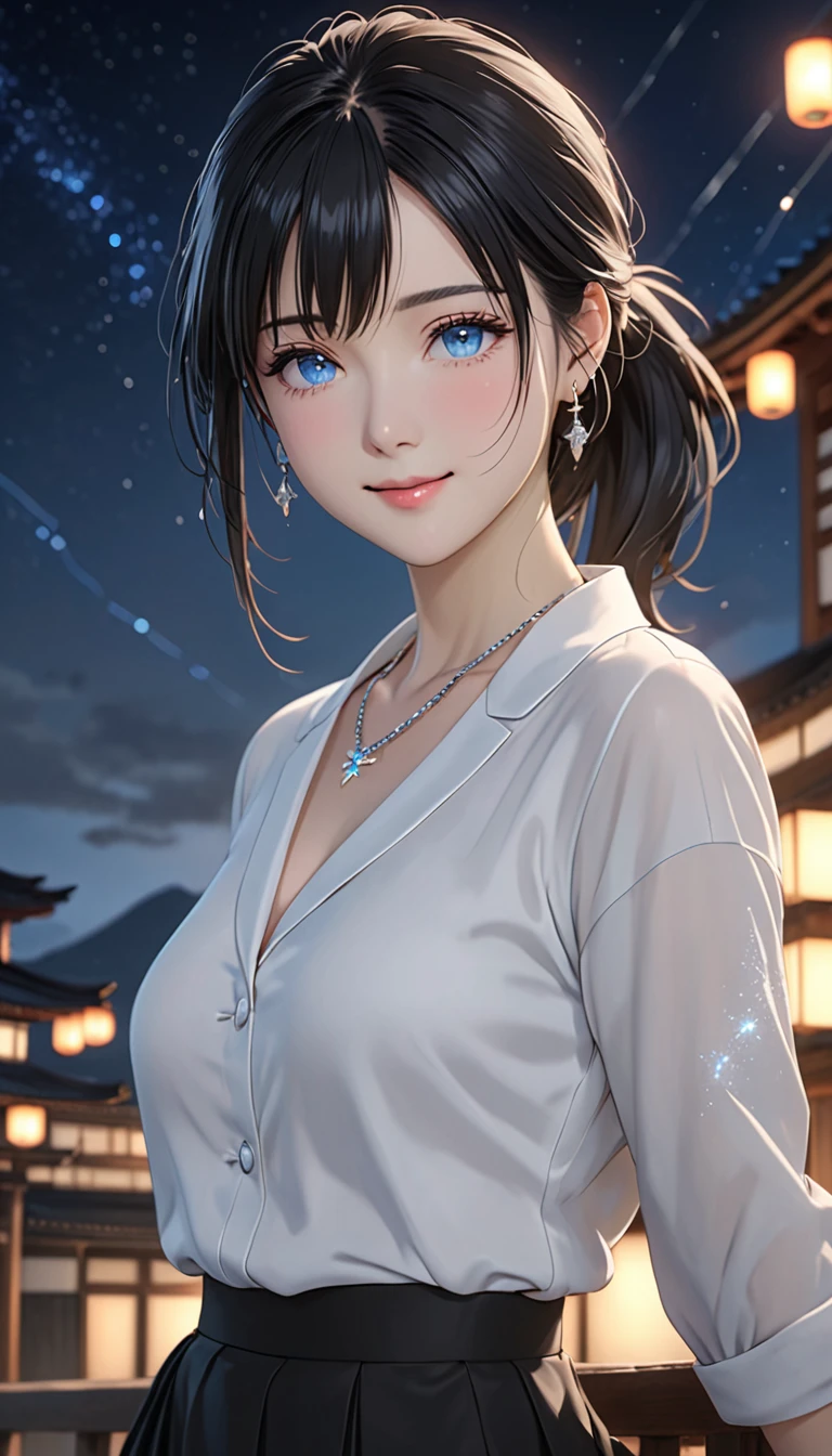 National Science Foundation,(((masterpiece))),masterpiece,High resolution,最high quality,最high quality,8K,art,超High resolution, Attention to detail, High resolution, 8K, 16K, high quality, 最high quality, Very detailed, Textured skin, masterpiece, Accurate, Anatomically correct, Awards,Kyoto Animation Style,Your Name movie style,Looking into the camera,To the camera,(((Bust Shot))),night,真night中,Soft and pale light,meteor,(1 female: 1.3),(alone: 1.4),(((Black Hair))),(((ponytail))),(((Medium Hair))),美しいBlack Hair,光沢のあるBlack Hair,Hair blowing in the wind,(((OL style fashion))),((A cute woman in an OL suit))),(White blouse),(((Black pencil skirt))),(necklace),(シルバーのnecklace),Silver Earrings,Long eyelashes,Thin legs,Feminine poses,Sexy pose,Upper body close-up,close,nightの星空,Eyes as deep as the starry sky,(((Pale blue eyes))),Watery eye,Little tears,Blushed,shy,Please smile with your lips slightly open,Quietly smiling face,mystery,mystery的,Woman as beautiful an angel,