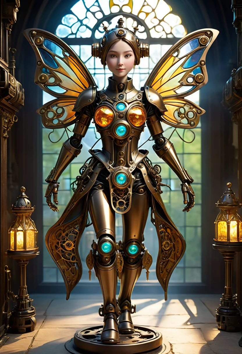 A robotic clockwork fairy. All bronze, gears, crAFTSMAN STYLE. GLASS WINGS. masterpiece, best quality, highly detailed, solo, looking at viewer, smile, mechaical face, face sculpted bronze. Ultra HD, Rococo-Inspired Fantasy Art With Intricate Details. Cute, Charming Expression, Alluring-Gaze, looking at viewer Beautiful Eyes, An-Ideal-Figure. . slim waist, fit body, Warm lightssymmetrical face, photorealistic, photography, path tracing, specular lighting, volumetric face light, path traced hairmaximum quality{(masutepiece) (8K High Resolution) (top-quality) In the style of breath of the wild.medieval monastery garden,steampunk craftsman robot monk,beautiful ornate architecture,steampunk machinery and gears,exquisite stained glass windows,enchanted flower garden,ancient stone walkway with intricate carvings,glowing candles and dimly lit atmosphere,steam and smoke billowing from the machinery,mystical atmosphere,peaceful and serene setting,mechanical wings attached to the robot monk's back,robot monk with intricate clockwork mechanisms,electromechanical eyes glowing with energy,warm golden color palette,gentle sunlight streaming through the stained glass windows,whispering sound of wind and rustling leaves,the scent of aged books and incense,notes of ancient Gregorian chants echoing in the air,sense of awe and tranquility,combination of futuristic and medieval elements,harmony of technology and spirituality.