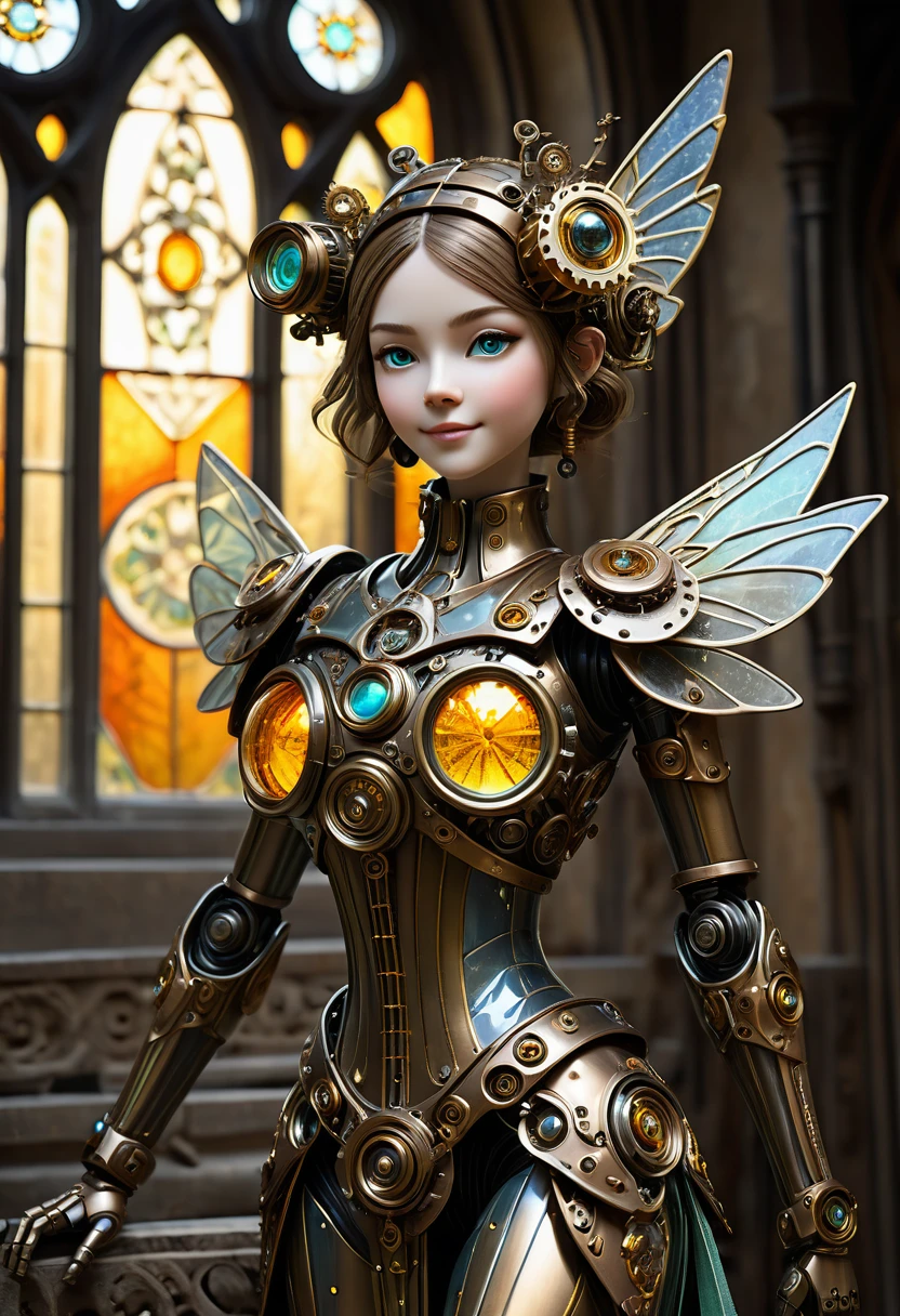 A robotic clockwork fairy. All bronze, gears, crAFTSMAN STYLE. GLASS WINGS. masterpiece, best quality, highly detailed, solo, looking at viewer, smile, mechaical face, face sculpted bronze. Ultra HD, Rococo-Inspired Fantasy Art With Intricate Details. Cute, Charming Expression, Alluring-Gaze, looking at viewer Beautiful Eyes, An-Ideal-Figure. . slim waist, fit body, Warm lightssymmetrical face, photorealistic, photography, path tracing, specular lighting, volumetric face light, path traced hairmaximum quality{(masutepiece) (8K High Resolution) (top-quality) In the style of breath of the wild.medieval monastery garden,steampunk craftsman robot monk,beautiful ornate architecture,steampunk machinery and gears,exquisite stained glass windows,enchanted flower garden,ancient stone walkway with intricate carvings,glowing candles and dimly lit atmosphere,steam and smoke billowing from the machinery,mystical atmosphere,peaceful and serene setting,mechanical wings attached to the robot monk's back,robot monk with intricate clockwork mechanisms,electromechanical eyes glowing with energy,warm golden color palette,gentle sunlight streaming through the stained glass windows,whispering sound of wind and rustling leaves,the scent of aged books and incense,notes of ancient Gregorian chants echoing in the air,sense of awe and tranquility,combination of futuristic and medieval elements,harmony of technology and spirituality.