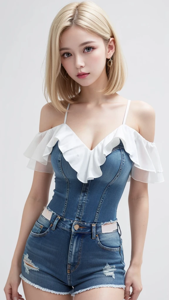 (((forehead、White Blonde Hair、Northern Europe、White people、beautiful girl、Blonde、White background、Frills、race、slit、Off the shoulder、See-through、Distressed jeans、Shoulder straps)))、table top, highest quality, figure, super detailed, finely, High resolution, 8k wallpaper, Perfect dynamic composition, detailed and beautiful eyes, Deco out,bionde, medium hair, big breasts, Natural color lip,white background, random cute poses,frill dress