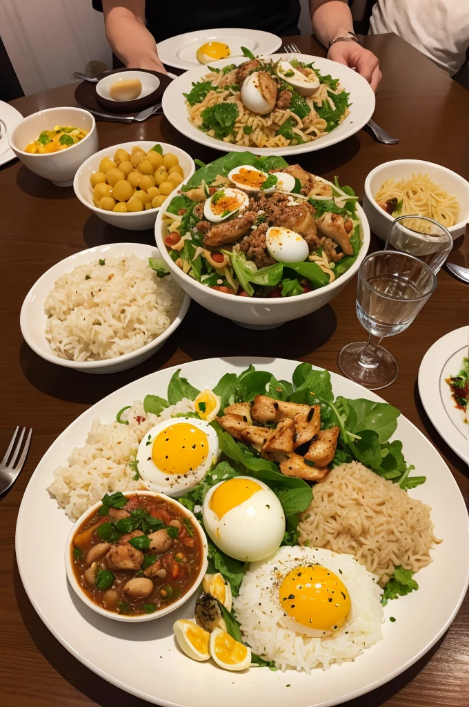 Table with rice, feijao, chicken, salad, pasta and quail egg