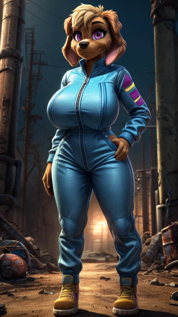 Skye from Paw Patrol, as a female cockapoo, dog, floppy ears, anthro, mature adult, fluffy orange bair, magenta eyes, mommy, big breasts, big butt, slim body, Fallout blue with yellow stripe jumpsuit, standing, detailed, solo, beautiful, high quality, 4K, precise, clear background, full body