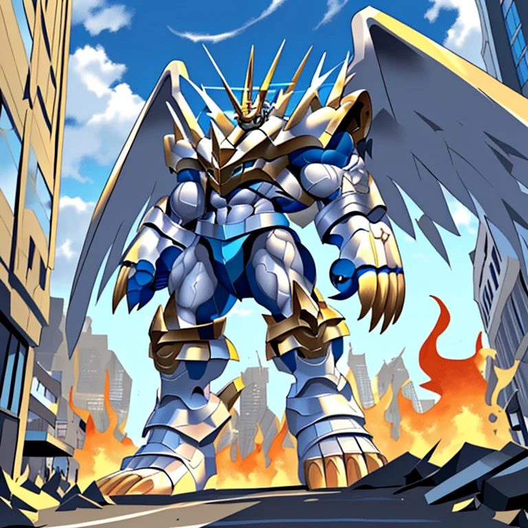 (solo. masterpiece. official art. 8k. best quality. detailed full body. full body.)
 
(situation 1 : dominating Imperialdramon_Paladin_Mode. Imperialdramon_Paladin_Mode is over 1000 meters long. focus GIANT mechanical Muscular Imperialdramon_Paladin_Mode is trampling the city. Looking down. macro. stomp. Low-angle perspective. emphasizing the immense size.)

(situation 2 :smoke and flames rising from the destruction in the city)

(Additional details 1: full plate armor. armor. sword. holding a sword. gauntlet. full plate armorchange blue to white.).

(Additional details 2: (Detailed head. Detailed Body. Detailed abs. gigantic muscles. HYPER MUSCLES. Gigachad Muscular. big muscle. pecs. triceps. traps. unusually developed muscular body. body full of huge muscles. showing off muscles. pectorales enormes. Exaggeratedly huge muscles. huge muscles. long legs.).

(Additional details 3: Spread wings. It has wings. have big wings. The claws are sharp. Sharp teeth.).