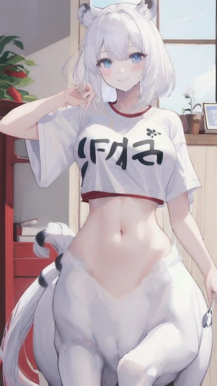 (best quality, masterpiece), 1 girl, centaur, It takes, White skin, japanese girl,Smiling, exposing the abdomen,belly button t-shirt, 아름다운 소녀 perfect white tiger photo, perfect white tiger photo
