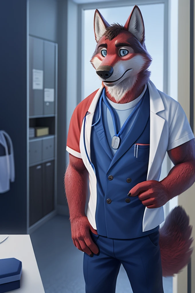 Ivan Fedorovich Wolfbach (Novosibirsk) ,tall handsome, wolf,young, 24 years, brown fur,Kind,(red body:1.3),beautiful blue eyes,Novosibirsk,dressed,blazer, lifeguard uniform, зеленый blazer, White shirt, black tie, Green pants,doctor's chevrons, Ambulance, canine, wolf, detailed fur, male, antro, paw pads, finger claws,At the viewer, 5 fingers, paws, 5 fingers, smile, wrist watch, т nextel,by xenoforge, (difficult, high detail, digital photography, soft focus, RAW variety of theater,Very close to the camera сидит, office,Novosibirsk, smile, good mood, positive, Very close to the camera,Russian Emergency Situations Ministry,
Photorealism, realistic, photorealistic, digital style, Subsurface scattering,I look at the viewer, в office, nursing brother, syringes, stethoscope,
masterpiece, Best quality, ultra realistic, 8 k)