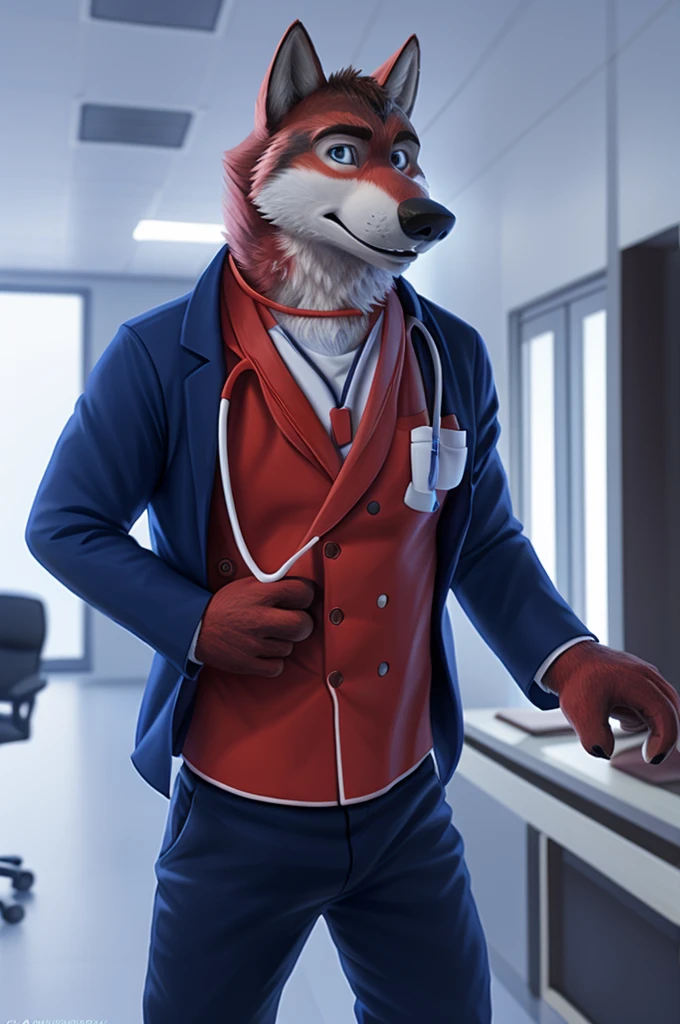 Ivan Fedorovich Wolfbach (Novosibirsk) ,tall handsome, wolf,young, 24 years, brown fur,Kind,(red body:1.3),beautiful blue eyes,Novosibirsk,dressed,blazer, lifeguard uniform, зеленый blazer, White shirt, black tie, Green pants,doctor's chevrons, Ambulance, canine, wolf, detailed fur, male, antro, paw pads, finger claws,At the viewer, 5 fingers, paws, 5 fingers, smile, wrist watch, т nextel,by xenoforge, (difficult, high detail, digital photography, soft focus, RAW variety of theater,Very close to the camera сидит, office,Novosibirsk, smile, good mood, positive, Very close to the camera,Russian Emergency Situations Ministry,
Photorealism, realistic, photorealistic, digital style, Subsurface scattering,I look at the viewer, в office, nursing brother, syringes, stethoscope,
masterpiece, Best quality, ultra realistic, 8 k)