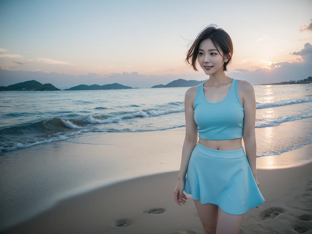8K, blue, Beautiful 36-year-old short Korean woman, Chest size 34 inches, Wear sleeveless, light skirt. beautiful pretty woman look , wearing a light skirt , Short medium hair blowing in the wind, 1 short woman, beautiful eyes, I smile, Full-body photo taken from afar with a wide-angle lens, The background is clean and perfect., standing on a beautiful beach