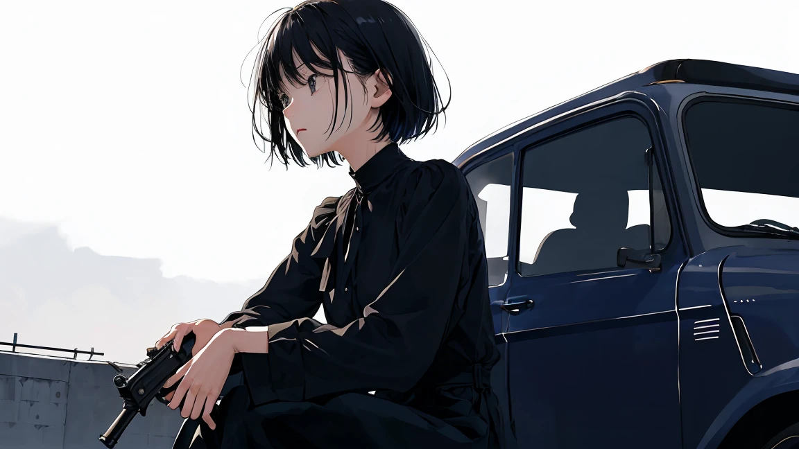 girl、blouse、Holding a gun、Black Hair、short hair、Look down、Sit on top of the car、sitting cross-legged、Watercolor、Looking into the distance、Stylish illustrations、One person、Not real、Simple illustration、Navy blue supercar、