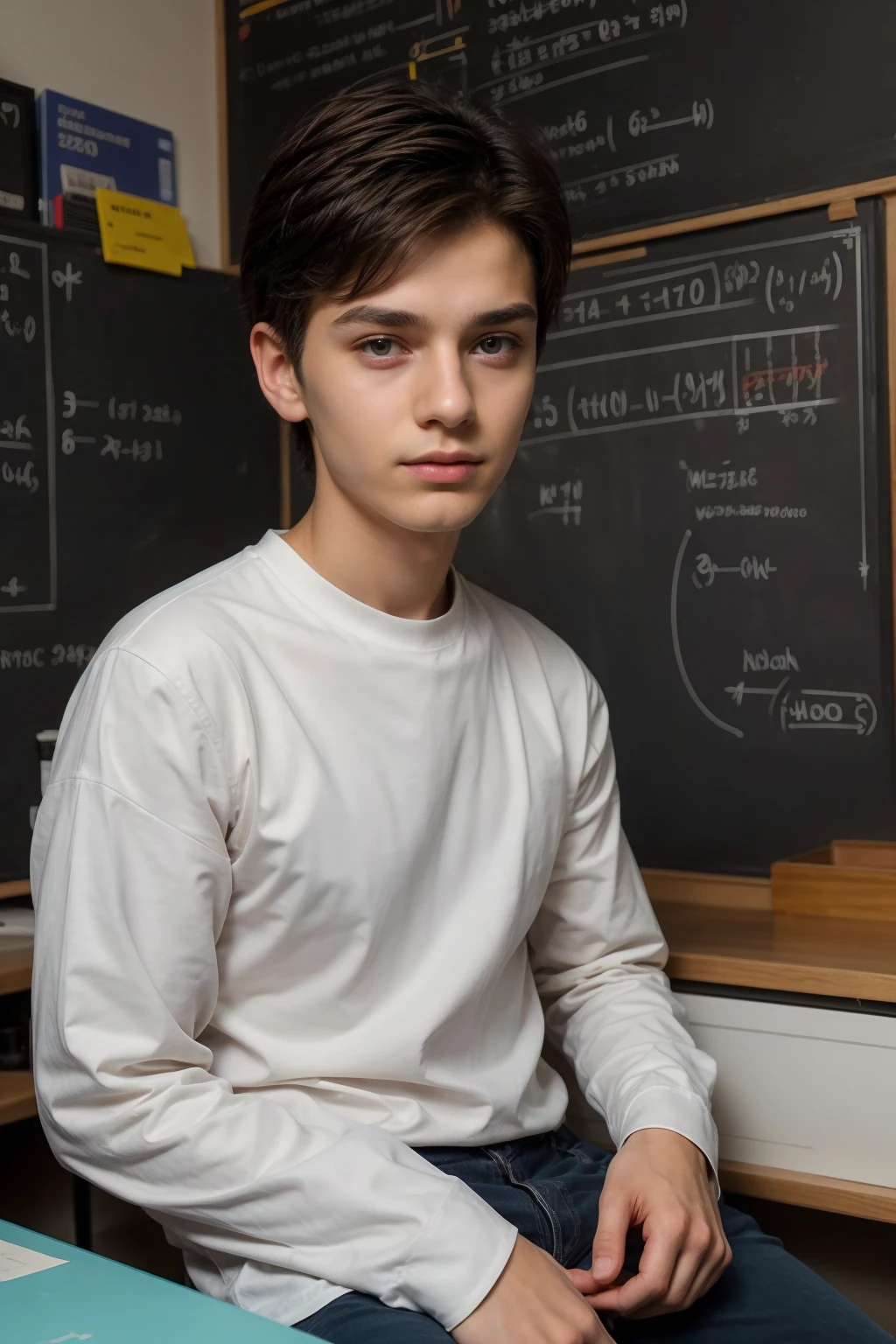 A beautiful young male twink with black hair and a face with make-up on it. He has a light beard. He is wearing a white long-sleeved shirt with a tight fit and aqua blue pants. He is in his scientific office, and behind him is a blackboard on which is written the shape of the brain, its anatomy, and mathematical equations, and he is sitting.  On a desk