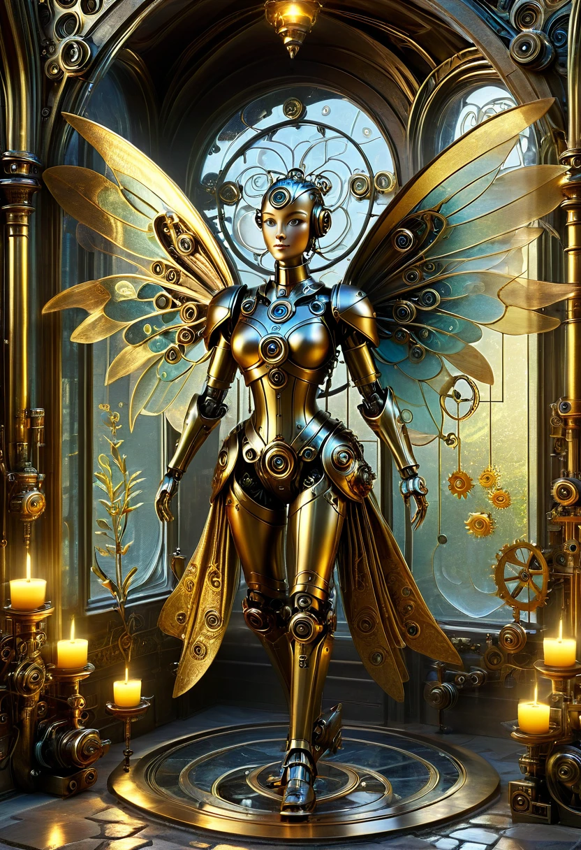 A robotic clockwork fairy. All bronze, gears, crAFTSMAN STYLE. GLASS WINGS. masterpiece, best quality, highly detailed, solo, looking at viewer, smile, mechaical face, face sculpted bronze. Ultra HD, Rococo-Inspired Fantasy Art With Intricate Details. Cute, Charming Expression, Alluring-Gaze, looking at viewer Beautiful Eyes, An-Ideal-Figure. . slim waist, fit body, Warm lightssymmetrical face, photorealistic, photography, path tracing, specular lighting, volumetric face light, path traced hairmaximum quality{(masutepiece) (8K High Resolution) (top-quality) In the style of breath of the wild.medieval monastery garden,steampunk craftsman robot monk,beautiful ornate architecture,steampunk machinery and gears,exquisite stained glass windows,enchanted flower garden,ancient stone walkway with intricate carvings,glowing candles and dimly lit atmosphere,steam and smoke billowing from the machinery,mystical atmosphere,peaceful and serene setting,mechanical wings attached to the robot monk's back,robot monk with intricate clockwork mechanisms,electromechanical eyes glowing with energy,warm golden color palette,gentle sunlight streaming through the stained glass windows,whispering sound of wind and rustling leaves,the scent of aged books and incense,notes of ancient Gregorian chants echoing in the air,sense of awe and tranquility,combination of futuristic and medieval elements,harmony of technology and spirituality.