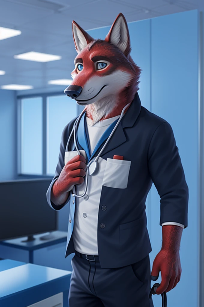 Ivan Fedorovich Wolfbach (Novosibirsk) ,tall handsome, wolf,young, 24 years, brown fur,Kind,(red body:1.3),beautiful blue eyes,Novosibirsk,dressed,blazer, lifeguard uniform, зеленый blazer, White shirt, black tie, Green pants,doctor's chevrons, Ambulance, canine, wolf, detailed fur, male, antro, paw pads, finger claws,At the viewer, 5 fingers, paws, 5 fingers, smile, wrist watch, т nextel,by xenoforge, (difficult, high detail, digital photography, soft focus, RAW variety of theater,Very close to the camera сидит, office,Novosibirsk, smile, good mood, positive, Very close to the camera,Russian Emergency Situations Ministry,
Photorealism, realistic, photorealistic, digital style, Subsurface scattering,I look at the viewer, в office, nursing brother, syringes, stethoscope,
masterpiece, Best quality, ultra realistic, 8 k)