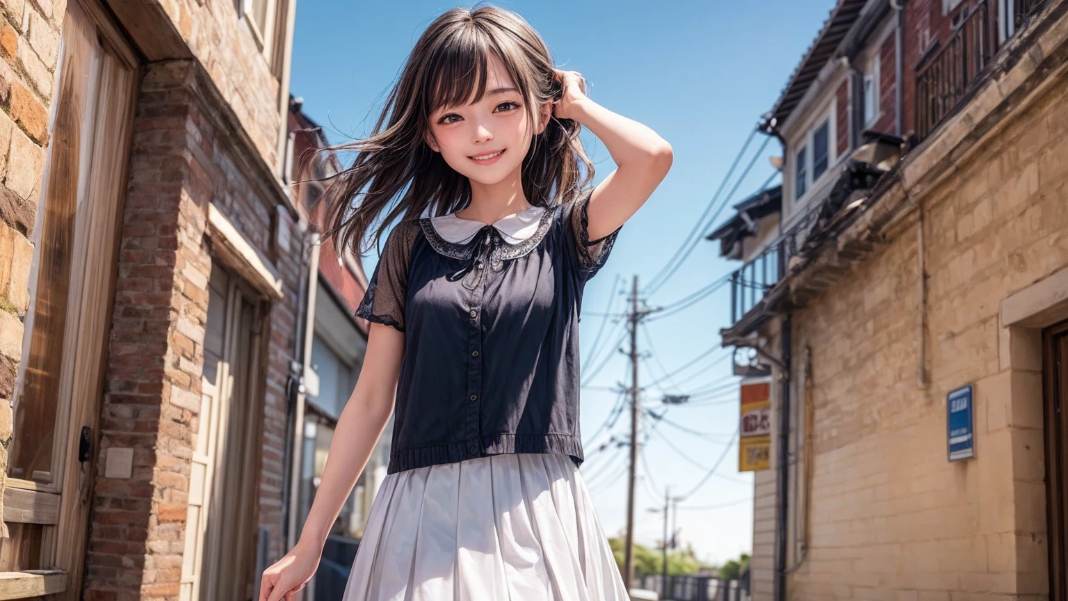 (masterpiece, Highest quality:1.2), Cowboy Shot, alone, One girl, Nene Kasaki々, smile, View your viewers, put your hands in your hair, , Seraphim, skirt