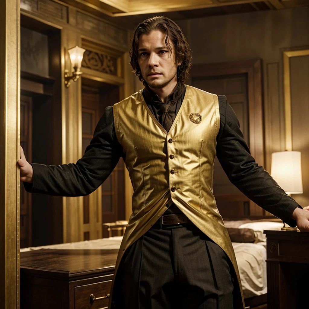 Generate a suit for a man, based on game of thrones sterics, The representative color of the house is gold, a tight-fitting suit