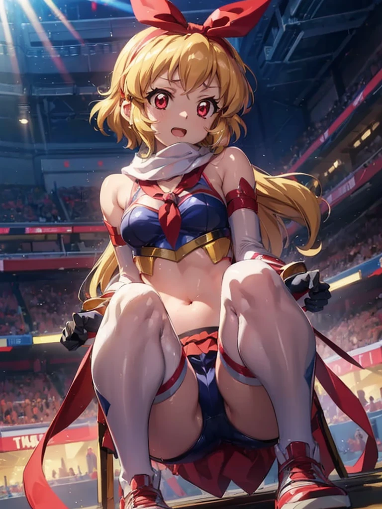 (RED Ribbon on HAIRband:1.2),aikatsu,1 girls,in senki zesshou symphogear style , Blonde long hair,black and RED battle suit,BREAK,ultra-definition, high resolution, ultra-detail CG,caustics, Live stage, in front of super large vision, singing, Battle pose,thgear, 1girl, solo, tachibana hibiki (symphogear), medium breasts, navel, headgear, gloves, gauntlets, body suit, shorts, white scarf,Ichigo Hoshimiya (Aikatsu!)