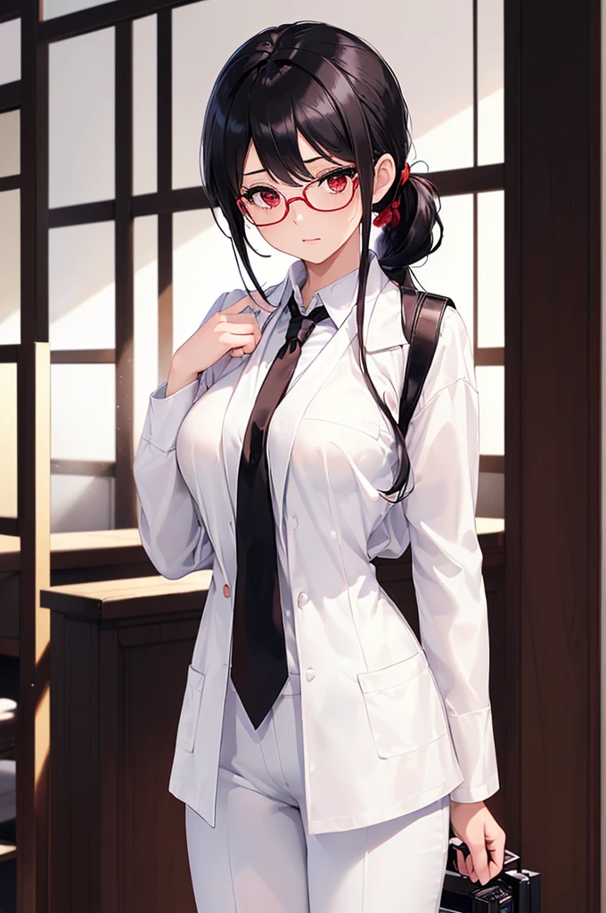 (masterpiece; best quality: 1.2), (finely detailed eyes: 1.3), ((25 year old woman)), ((solo)), (red eyes: 1.4), (body; gorgeous, luscious, femenine: 1.3), (silky black hair + low ponytail: 1.3), (beautiful and clear background: 1.2), ((depth of field)), (equipment: white open labcoat + black shirt + white necktie + white pants + black square glasses: 1.3), (anime illustration: 1.2), (background composition; japanese highschool classroom + furniture: 1.1), (extremely fine and beautiful: 1.1), (shot composition; standing + centered on torso + close-up: 1.5), (expression; calm, stoic: 1.2)