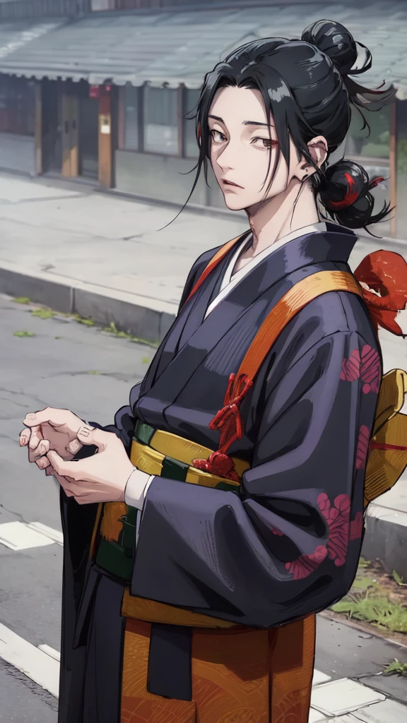 CHARACTER OF A PERSON WITH BLACK HAIR, LONG AGA, BROWN EYES, HANDSOME FACE, WEARING A KIMONO. NAMED "SUGURU GETO" IN THE ANIME STORY SERIES"(JUJUTSU KAISEN), IT STANDS IN THE MIDDLE OF A BEAUTIFUL CITY, WITH REALISTIC -8K HDR EFFECTS.