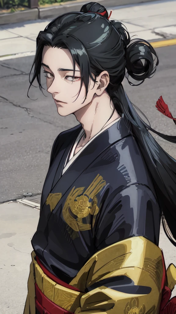 CHARACTER OF A PERSON WITH BLACK HAIR, LONG AGA, BROWN EYES, HANDSOME FACE, WEARING A KIMONO. NAMED "SUGURU GETO" IN THE ANIME STORY SERIES"(JUJUTSU KAISEN), IT STANDS IN THE MIDDLE OF A BEAUTIFUL CITY, WITH REALISTIC -8K HDR EFFECTS.