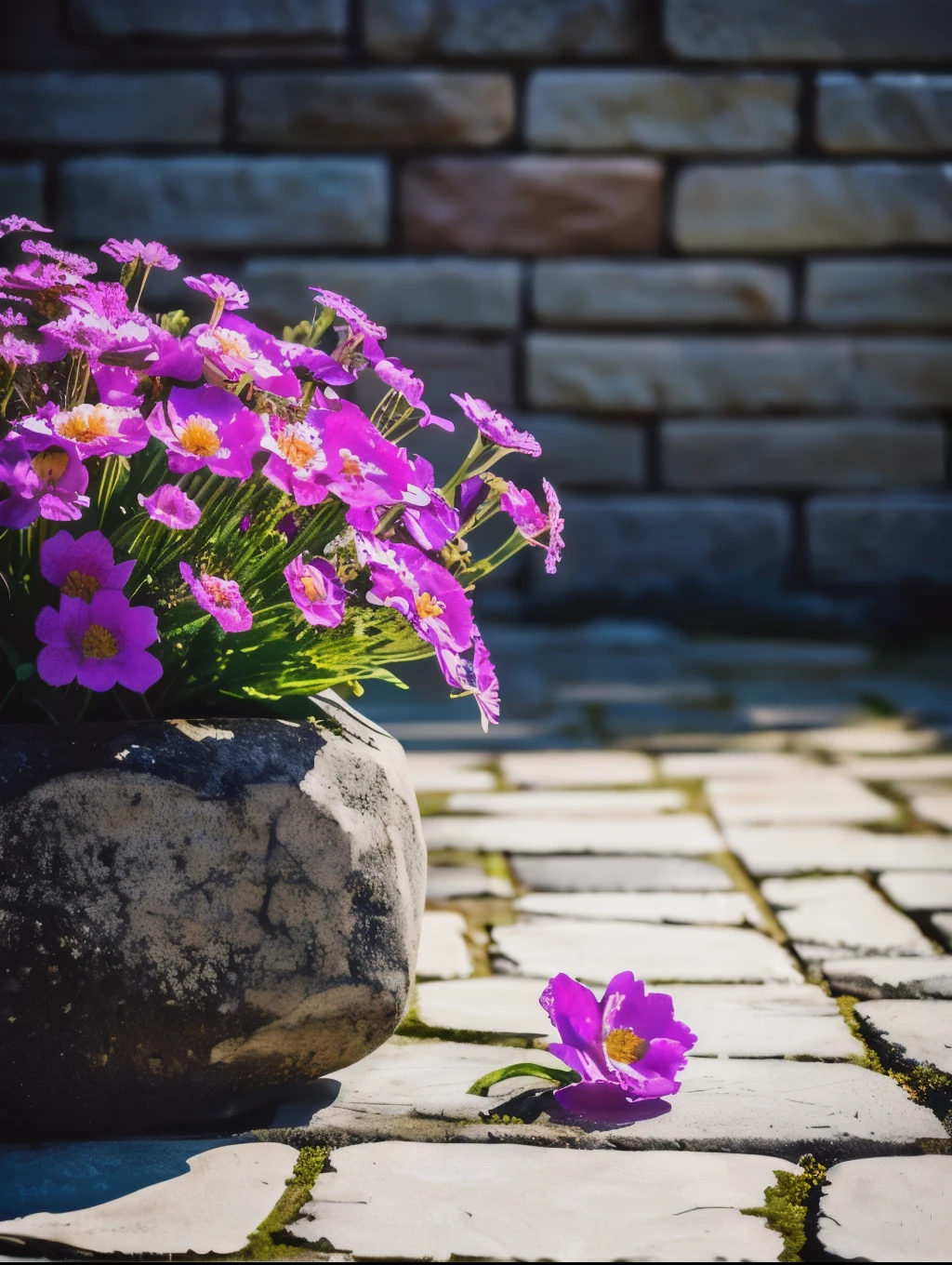 Purple flowers in pot on stone floor,The background is a brick wall,nice images, There are branches hanging down and flowers scattered on the floor,Beautiful flowers,Background Depth of Field