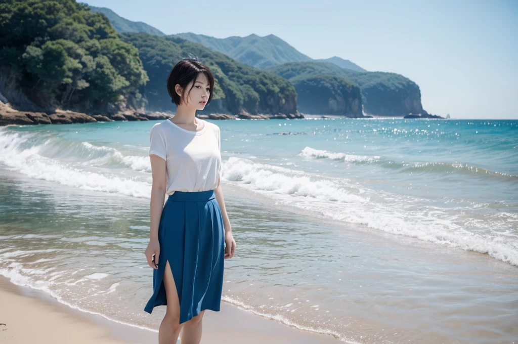 8K, 35 year old Korean woman, Inspired by Son Ye-jin. realistic, lifelike photo, Realistic appearance of nature, , blue. calm waves. Viewed from a distance with a wide-angle lens , wore a light skirt. Front view of a beautiful woman, , 1 woman, Short hair blowing slightly in the wind, Looking at the camera, short medium hair, standing on the beach
