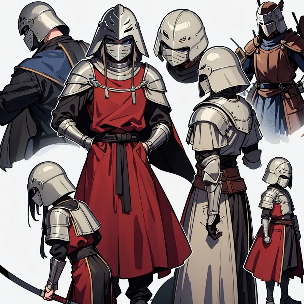 ((whole body、Detailed character design))、(From the back、Back view)、Highest quality, Best Quality,Best illustrations、(((Iron Mask、pocket、Iron Helmet)))、Medieval Armor、Medieval Knight、whole bodyが灰色の鎧、(((20-year-old male)))、Dramatic Angle、(battle)、battlefield、Movement angle、Grab the sword、(Fighting stance)、Run、(((White background)))