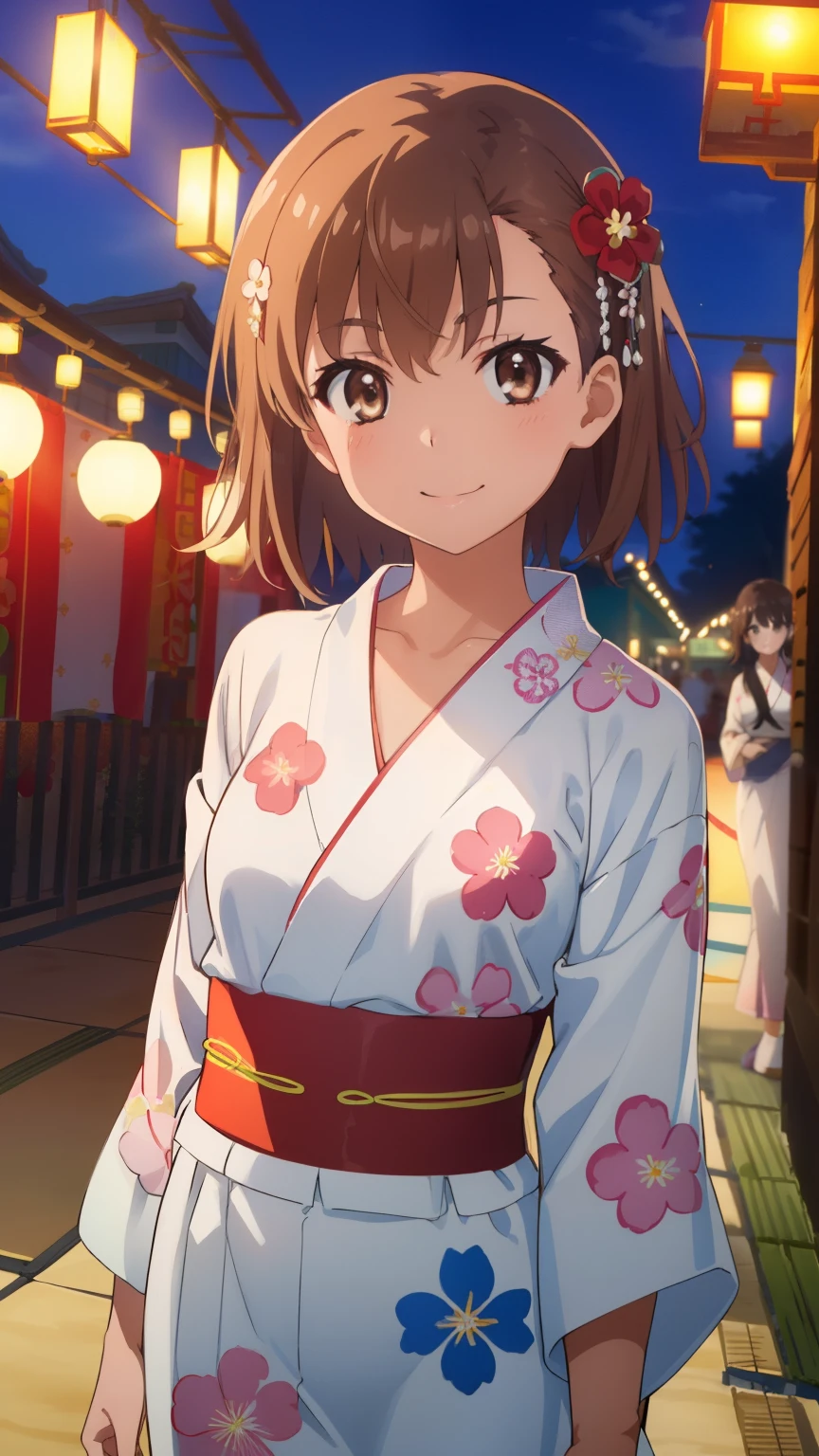 (masterpiece, best quality, 8k:1.2),(anime:1.1), misaka_mikoto, brown hair, short hair, hairpin, small medium breasts, 1girl, (Floral Yukata, Flower Hair Ornaments, smile, Summer festival), cowboy shot, looking at viewer,