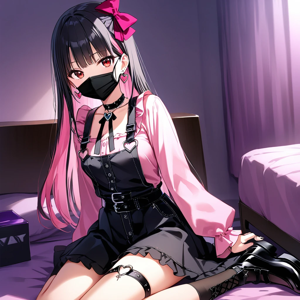 (score_9_, score_8_superior, score_7_superior, sauce_anime, 8K, masterpiece, Highest quality, Super detailed, Very delicate and beautiful, Official Style, Depth of written boundary, Very detailed, so beautiful, Complex, Overall Details, Perfect Anatomy), View your viewers, ((Faint Light:1.2)), sit, wariza, ベッドのsuperior, (indole, Hotel Rooms, Love Hotel, Pink Wall, pink bed sheets), (Condom box, Okamoto Condom 0.01), Break 1 Girl, alone, (Black Hair, Pink Hair, Two-tone hair), Long Hair, two side superior, Black Hair bow, Red eyes, jirai kei, (Cross-strap clothing, Pink Shirt, Long sleeve, Frillsed sleeves), Frills, Black bow tie, Black Skirt, sblackuspendersheart brooch, heart earrings, ring, Manicure, Pink Nails, Black nails, (Mouth mask, black Mouth mask), Black belt, o-ring thigh strap, Black Choker, Grin