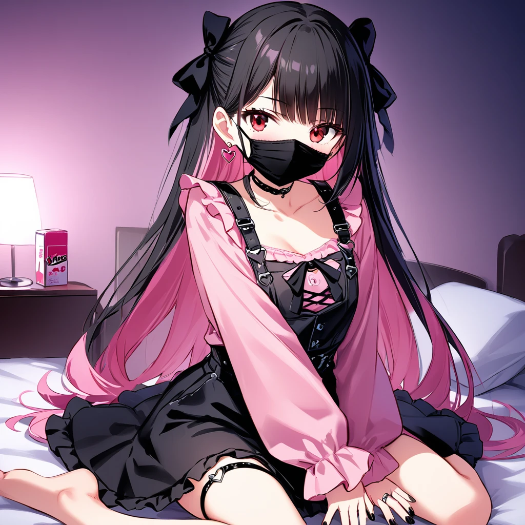 (score_9_, score_8_superior, score_7_superior, sauce_anime, 8K, masterpiece, Highest quality, Super detailed, Very delicate and beautiful, Official Style, Depth of written boundary, Very detailed, so beautiful, Complex, Overall Details, Perfect Anatomy), View your viewers, ((Faint Light:1.2)), sit, wariza, ベッドのsuperior, (indole, Hotel Rooms, Love Hotel, Pink Wall, pink bed sheets), (Condom box, Okamoto Condom 0.01), Break 1 Girl, alone, (Black Hair, Pink Hair, Two-tone hair), Long Hair, two side superior, Black Hair bow, Red eyes, jirai kei, (Cross-strap clothing, Pink Shirt, Long sleeve, Frillsed sleeves), Frills, Black bow tie, Black Skirt, sblackuspendersheart brooch, heart earrings, ring, Manicure, Pink Nails, Black nails, (Mouth mask, black Mouth mask), Black belt, o-ring thigh strap, Black Choker, Grin