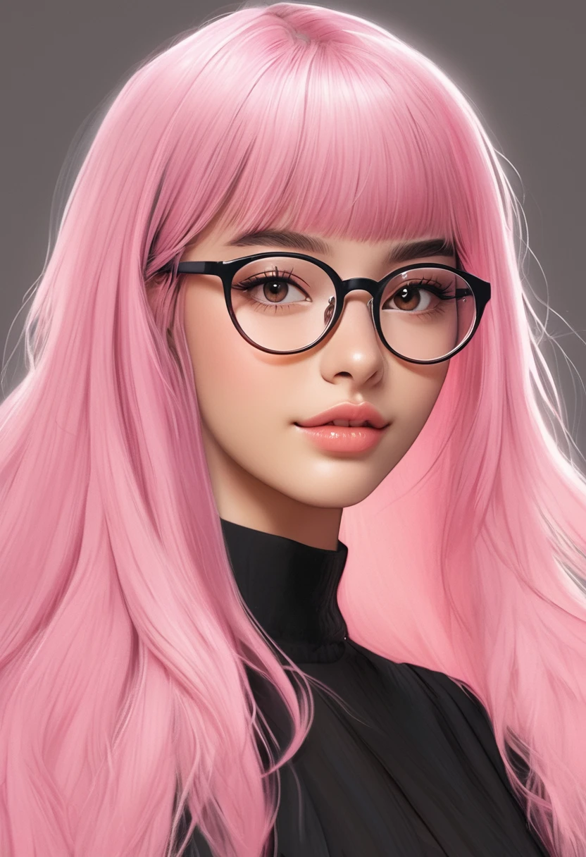 Make a mid size 19 year old, light brown skin oval face with small eyes wearing glasses, wolfcut hair with curtan bangs top part of black hair and bottom part of light pink hair