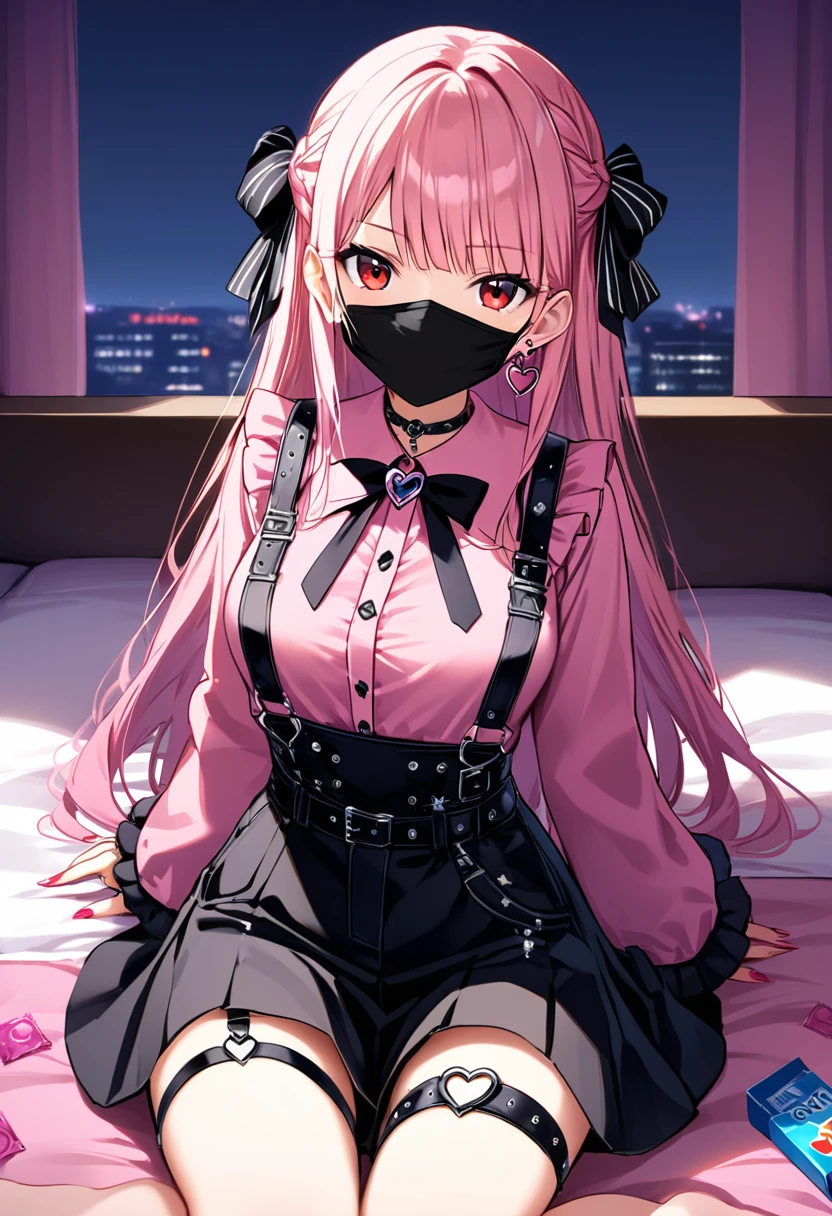 (score_9_, score_8_superior, score_7_superior, sauce_anime, 8K, masterpiece, Highest quality, Super detailed, Very delicate and beautiful, Official Style, Depth of written boundary, Very detailed, so beautiful, Complex, Overall Details, Perfect Anatomy), View your viewers, ((Faint Light:1.2)), sit, wariza, ベッドのsuperior, (indole, Hotel Rooms, Love Hotel, Pink Wall, pink bed sheets), (Condom box, Condom packaging), (pink smartphone, Ribbon Strap), Break 1 Girl, alone, (Black Hair, Pink Hair, Two-tone hair), Long Hair, two side superior, Black Hair bow, Red eyes, jirai kei, (Cross-strap clothing, Pink Shirt, Long sleeve, Frillsed sleeves), Frills, Black bow tie, Black Skirt, sblackuspendersheart brooch, heart earrings, ring, Manicure, Pink Nails, Black nails, (Mouth mask, black Mouth mask), Black belt, o-ring thigh strap, Black Choker, Grin
