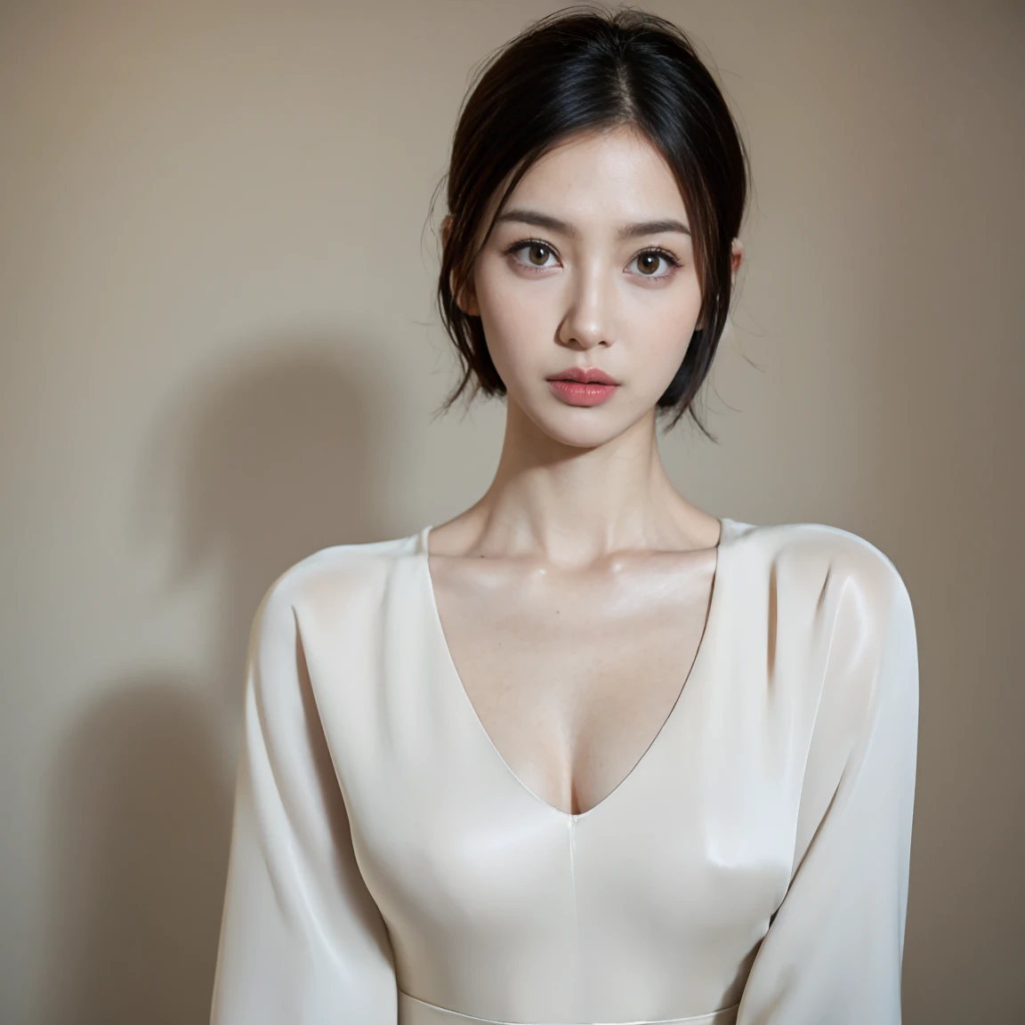 beautiful girl, 45 years old,Thin face, Beautiful and sharp eyes., short hair, Model face, Beautiful makeup, Beautiful long straight hair, 18 years old, Wear a white shirt that shows off your chest., Large Breasts, D cup,White skin, อยู่ในทุ่งflower, flower, Very high detail, 8K, Realistic lighting, portrait, Standing,Upper Body