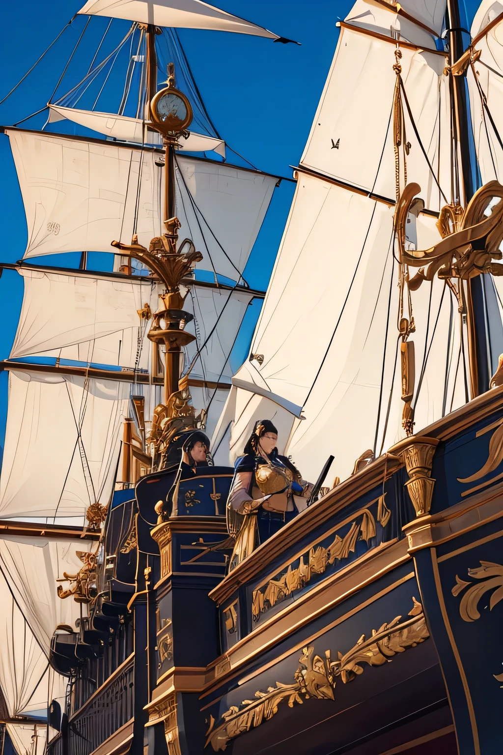 "Depict the 'Imperial Justice', a large, imposing galley ship with grand, ornate detailing. The ship is primarily made of dark, richly varnished wood and features gold embellishments on the railings and figurehead. The figurehead is a majestic lion, symbolizing strength and justice. The ship has three rows of long oars on each side, manned by strong rowers. There are also several sails, bearing the emblem of the Elysian Empire: a golden eagle on a deep blue background. The ship's deck is bustling with armored knights and imperial guards, with a large central mast and various lookout posts. The overall scene should convey power, authority, and elegance."