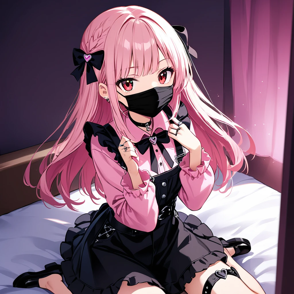 (score_9_, score_8_superior, score_7_superior, sauce_anime, 8K, masterpiece, Highest quality, Super detailed, Very delicate and beautiful, Official Style, Depth of written boundary, Very detailed, so beautiful, Complex, Overall Details, Perfect Anatomy), View your viewers, ((Faint Light:1.2)), sit, wariza, ベッドのsuperior, (indole, Hotel Rooms, Love Hotel, Pink Wall, pink bed sheets), (Condom box, Condom packaging), (pink smartphone, Ribbon Strap), Break 1 Girl, alone, (Black Hair, Pink Hair, Two-tone hair), Long Hair, two side superior, Black Hair bow, Red eyes, jirai kei, (Cross-strap clothing, Pink Shirt, Long sleeve, Frillsed sleeves), Frills, Black bow tie, Black Skirt, sblackuspendersheart brooch, heart earrings, ring, Manicure, Pink Nails, Black nails, (Mouth mask, black Mouth mask), Black belt, o-ring thigh strap, Black Choker, Grin