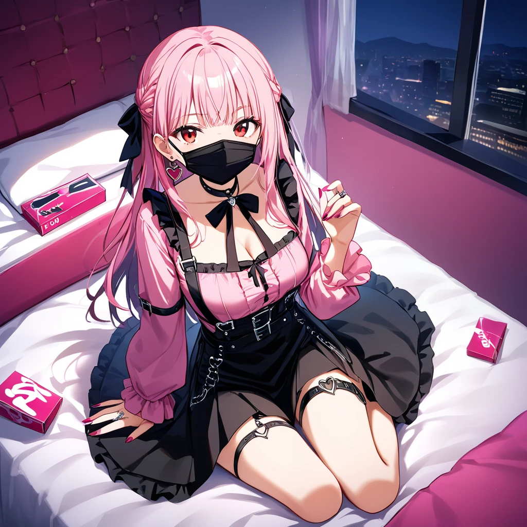 (score_9_, score_8_superior, score_7_superior, sauce_anime, 8K, masterpiece, Highest quality, Super detailed, Very delicate and beautiful, Official Style, Depth of written boundary, Very detailed, so beautiful, Complex, Overall Details, Perfect Anatomy), View your viewers, ((Faint Light:1.2)), sit, wariza, ベッドのsuperior, (indole, Hotel Rooms, Love Hotel, Pink Wall, pink bed sheets), (Condom box, Condom packaging), (pink smartphone, Ribbon Strap), Break 1 Girl, alone, (Black Hair, Pink Hair, Two-tone hair), Long Hair, two side superior, Black Hair bow, Red eyes, jirai kei, (Cross-strap clothing, Pink Shirt, Long sleeve, Frillsed sleeves), Frills, Black bow tie, Black Skirt, sblackuspendersheart brooch, heart earrings, ring, Manicure, Pink Nails, Black nails, (Mouth mask, black Mouth mask), Black belt, o-ring thigh strap, Black Choker, Grin
