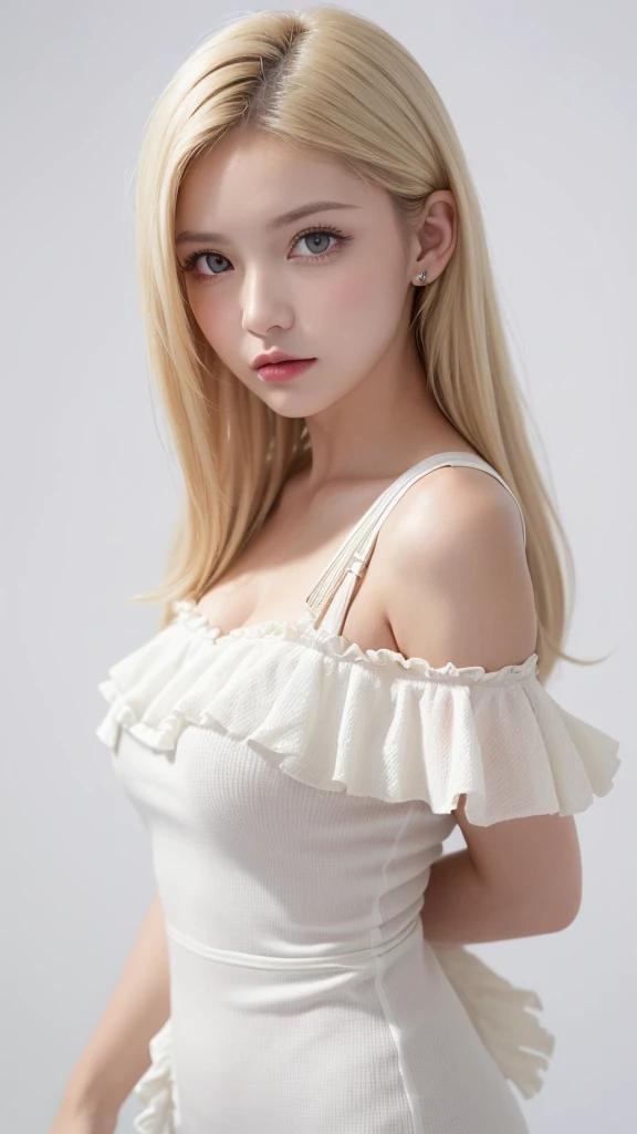 (((forehead、White Blonde Hair、Northern Europe、White people、beautiful girl、Blonde、White background、Frills、race、slit、Off the shoulder、See-through、hot pants、Shoulder straps)))、table top, highest quality, figure, super detailed, finely, High resolution, 8k wallpaper, Perfect dynamic composition, detailed and beautiful eyes, Deco out,bionde, medium hair, big breasts, Natural color lip,white background, random cute poses,frill dress