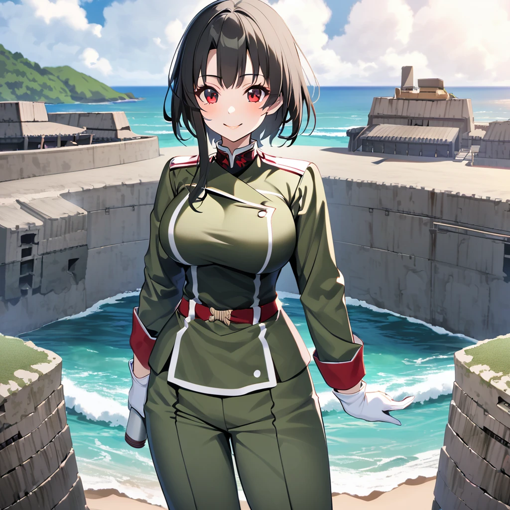 A woman wearing Imperial Japanese Drill uniform, moss green camouflage, moss green pants, black boots, Imperial Japanese Drill hat, black hair, short hair, red eyes, big breasts, white gloves, smiling, postured standing in a fortress near a beach, overlooking a beach with fortification and warships in the sea.
