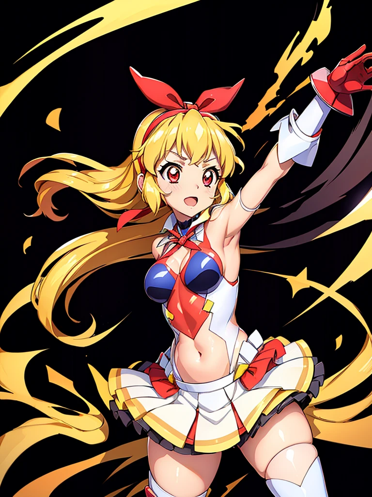 (RED Ribbon on HAIRband:1.2),aikatsu,1 girls,in senki zesshou symphogear style , Blonde long hair,black and RED battle suit,BREAK,ultra-definition, high resolution, ultra-detail CG,caustics, Live stage, in front of super large vision, singing, Battle pose,thgear, 1girl, solo, tachibana hibiki (symphogear), medium breasts, navel, headgear, gloves, gauntlets, body suit, shorts, white scarf,Ichigo Hoshimiya (Aikatsu!)